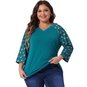 Plus Size V Neck 3/4 Sleeve Raglan Floral Print Top Peacock Blue